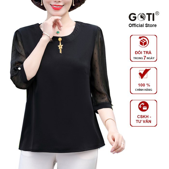 GOTI - Áo Kiểu Trung Niên U50-60 Size Lớn Cổ Khăn Cột Nơ Dáng Suông Phối Họa Tiết Dành Tặng Mẹ 3A23 3A17