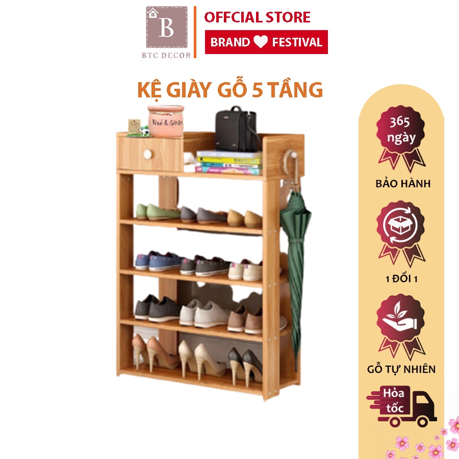 Kệ Để Giày Gỗ - Phong Cách Hiện Đại, Thiết Kế 5 Tầng, Chống Mối Mọt - Kích Thước 70 x 30 x 60 cm - Bảo Hành 12 Tháng