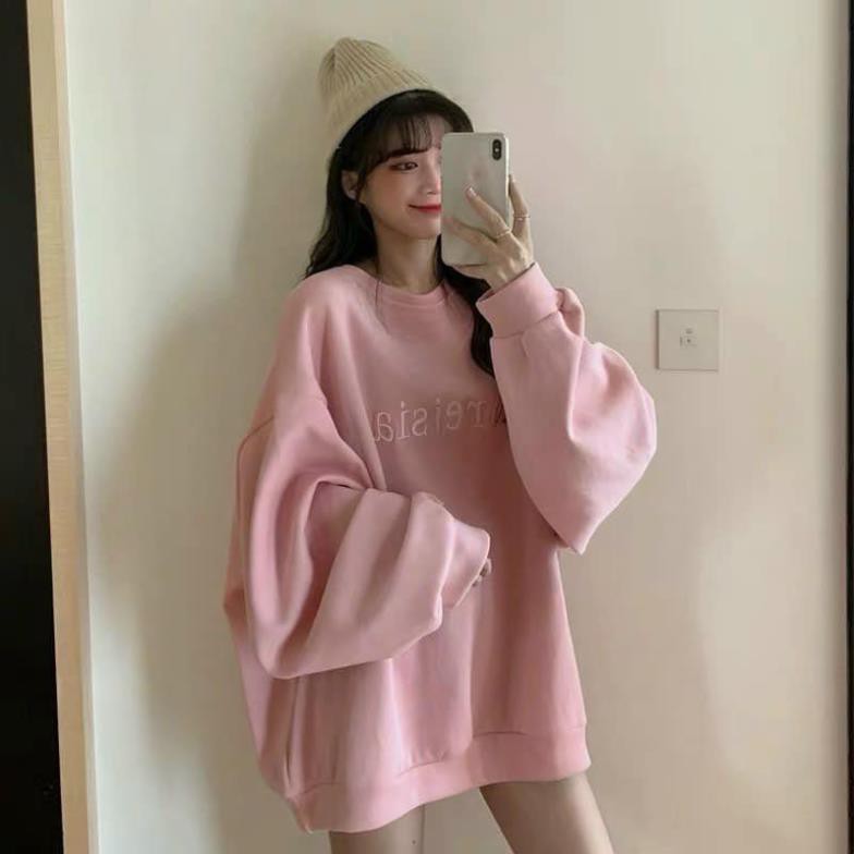 Nỉ hồng pastel ♥ Áo thun hoodie nữ dáng thụng tay phồng oversize chùm mông freeship HOT ♥ 🔥