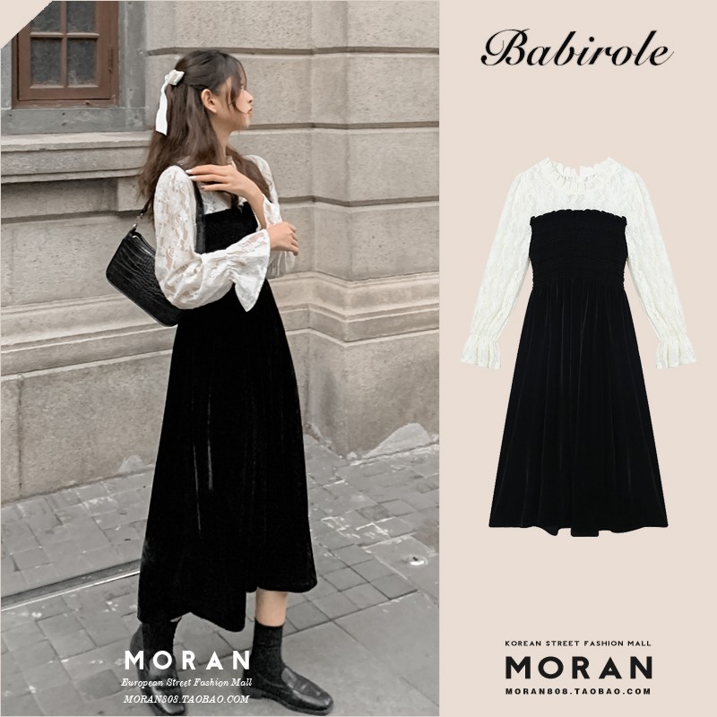 (ORDER) Váy nhung xòe dài tay phối ren hoa trắng tiểu thư style tiểu thư dự tiệc sang trọng (Hàng_mới_về)