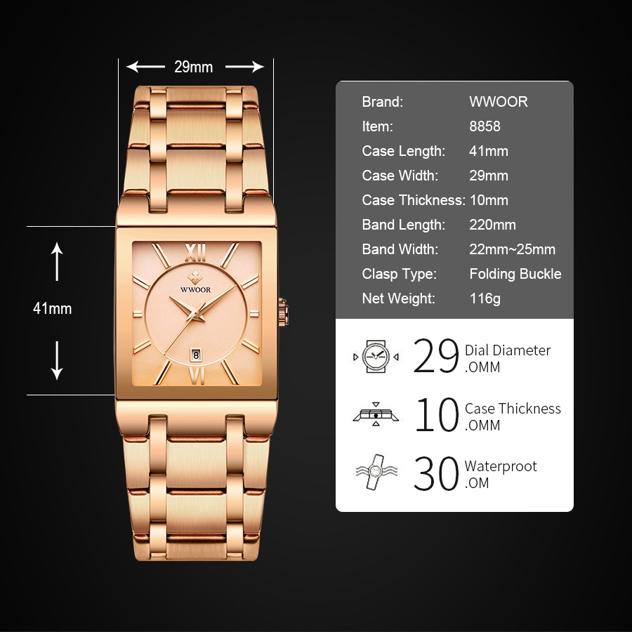 Wwoor Mới Đồng Hồ Nữ Mạ Vàng Hồng Thiết Kế Dáng Vuông Sang Trọng Montre Femme-8858