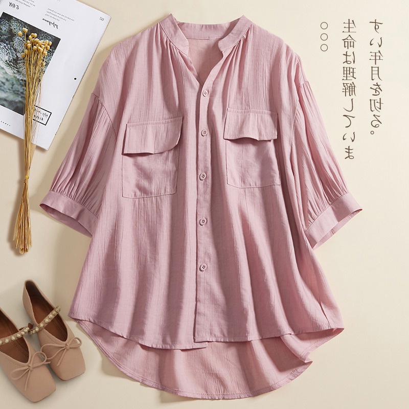 Ice cotton linen short-sleeved shirt thin pleated casual linen blouse cut label mall withdrawal