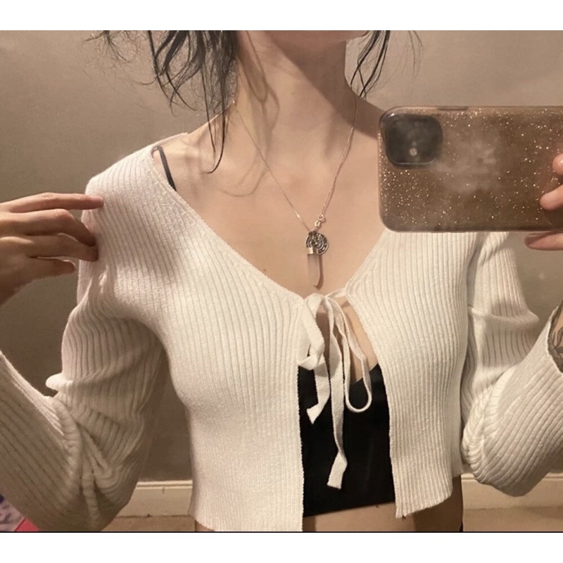 Áo cardigan croptop dài tay buộc nơ chất liệu dày dặn phong cách Retro