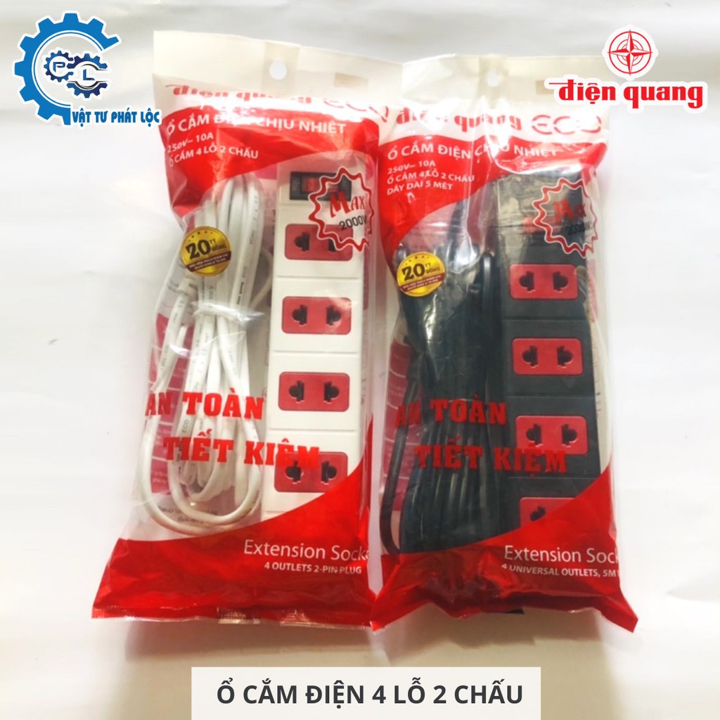 Ổ cắm Điện Quang 4 lỗ, 2 chấu, 1 công tắc dây 2m, 5m