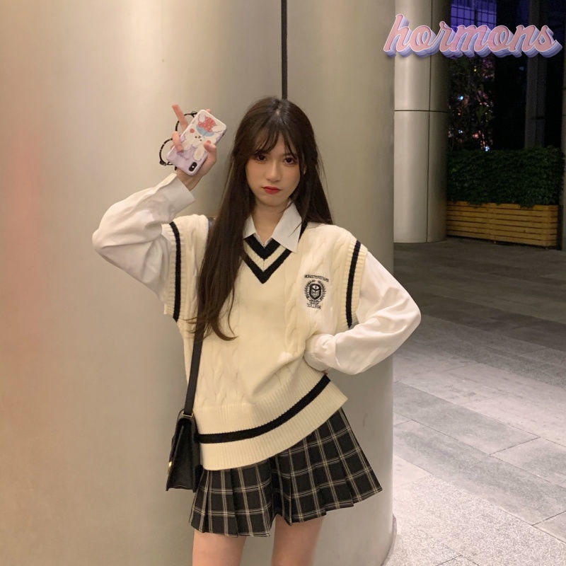 Áo dệt kim không tay cổ chữ V màu trơn phong cách Hàn Quốc thời trang