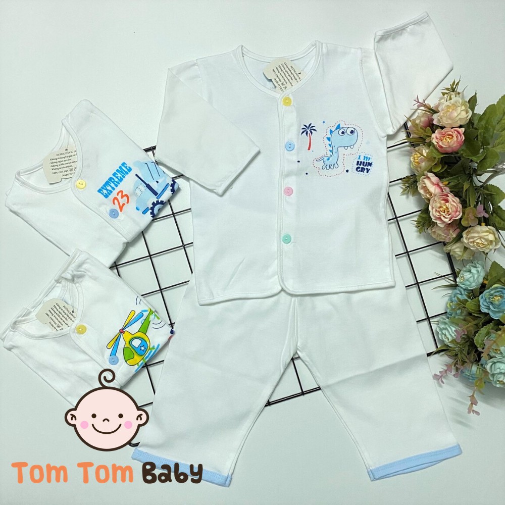 Bộ quần áo sơ sinh dài cotton 100% Tay Dài Cài Nút Giữa Trắng JOU cho bé trai, bé gái- Hàng Việt Nam chất lượng cao