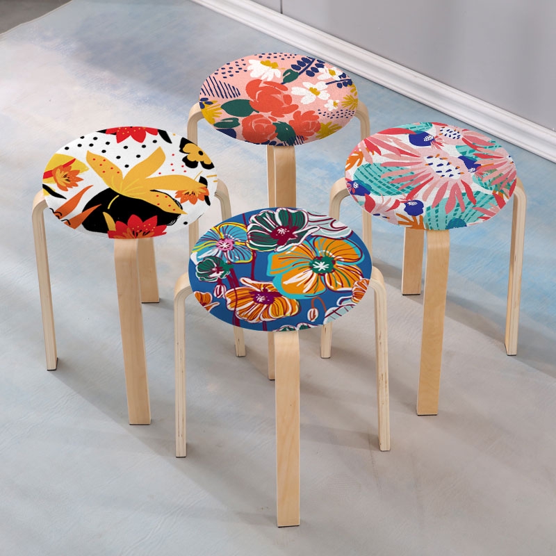 Ghế đẩu hình tròn bằng gỗ kèm vỏ bọc bằng cotton lanh in họa tiết hoa sang trọng cho gia đình