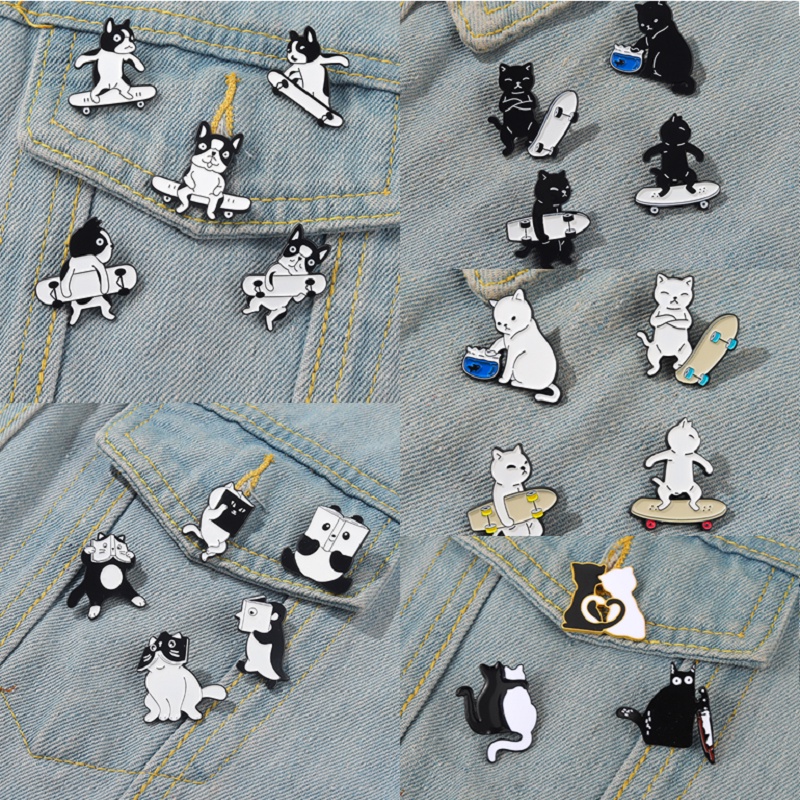 Ghim cài áo QIHE JEWELRY hình mèo/ chó chơi ván trượt 20 kiểu dáng tùy chọn thích hợp làm quà tặng/ phụ kiện quần áo