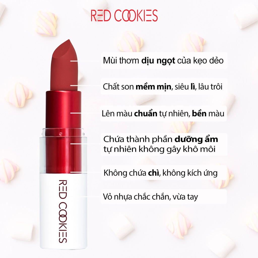 Son thỏi lì không khô môi bền màu RED COOKIES MARSHMALLOW POWDER LIPSTICK màu đỏ cam A1 - Twenteen Red siêu lì mịn