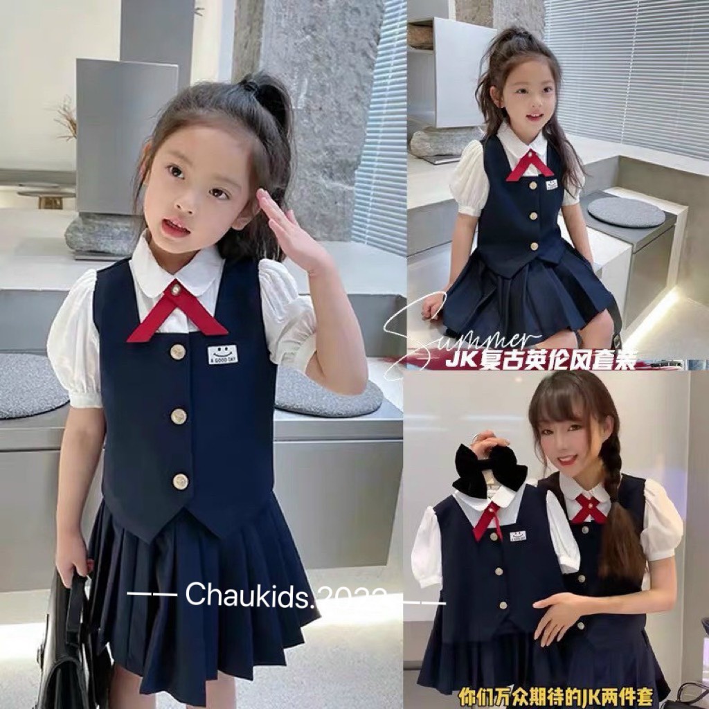 [SALE] Set Áo + Chân Váy Cho Bé Gái KIMCHIBAY Vải Thô Đính Nơ Cực Xinh, Bộ Đồ Cho Bé Mặc Đi Học CK38