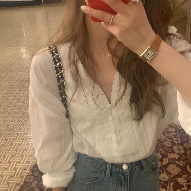 SUXI Áo Kiểu Tay Dài Cổ Chữ V Phối Ren Hoa Phong Cách Hàn Quốc Dành Cho Bạn Nữ