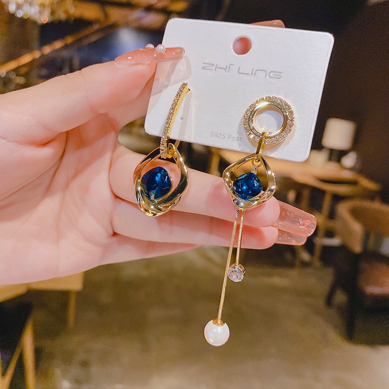 Bông Tai Mạ Bạc 925 Đính Đá Xanh Dương Phong Cách Hàn Quốc Thời Trang