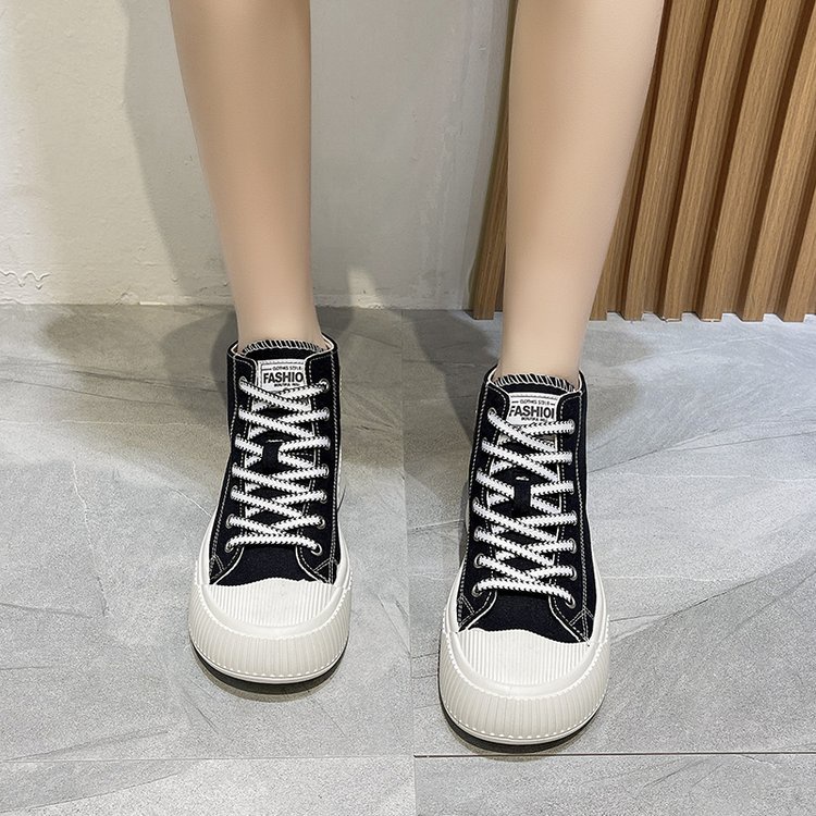 JINxCHOY Giày thể thao JINXCHOY vải canvas cổ cao mũi tròn buộc dây chéo màu trơn đế dày thời trang cho nữ