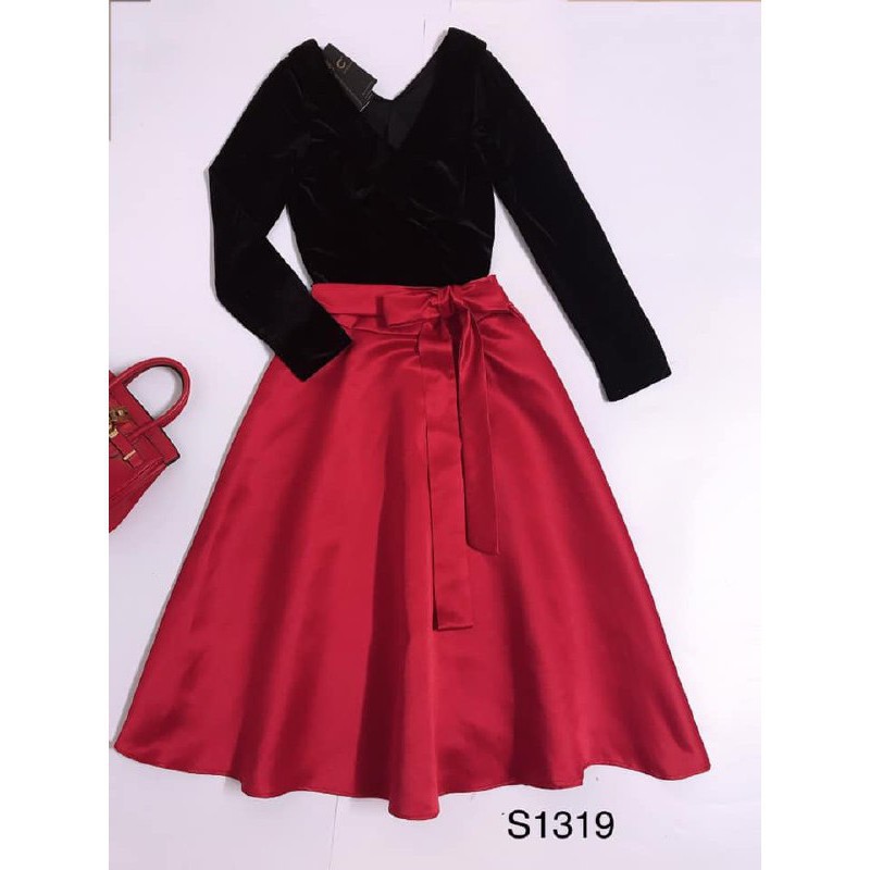 [ xả kho ] MiD Set áo đen trễ vai + chân váy đỏ thắt nơ S1319 Mie Design kèm ảnh thật