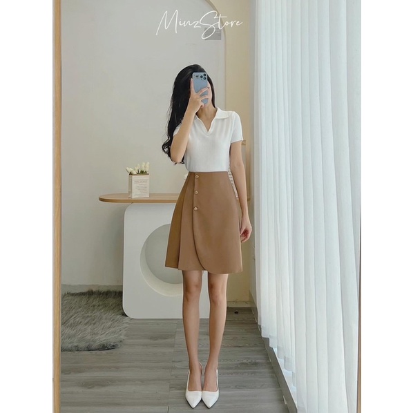 Chân Váy Chữ A Công Sở Xếp Ly Phối Cúc Dài Trên Gối