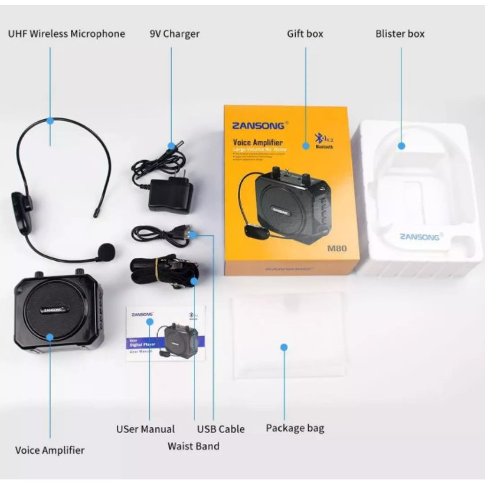 Loa trợ giảng Zansong M80 - Máy trợ giảng kèm micro cài tai không dây - Kết nối Bluetooth 4.2, AUX, USB, SD card, FM