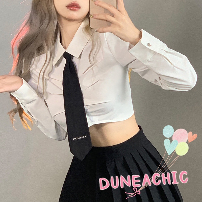 DUNEA Áo Sơ Mi Dài Tay Cổ Bẻ Phối Nút Thắt Nơ Xinh Xắn Cho Nữ