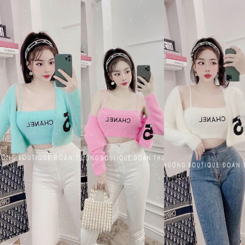 Sét áo 2 dây+áo cadigan lông X hàng QC