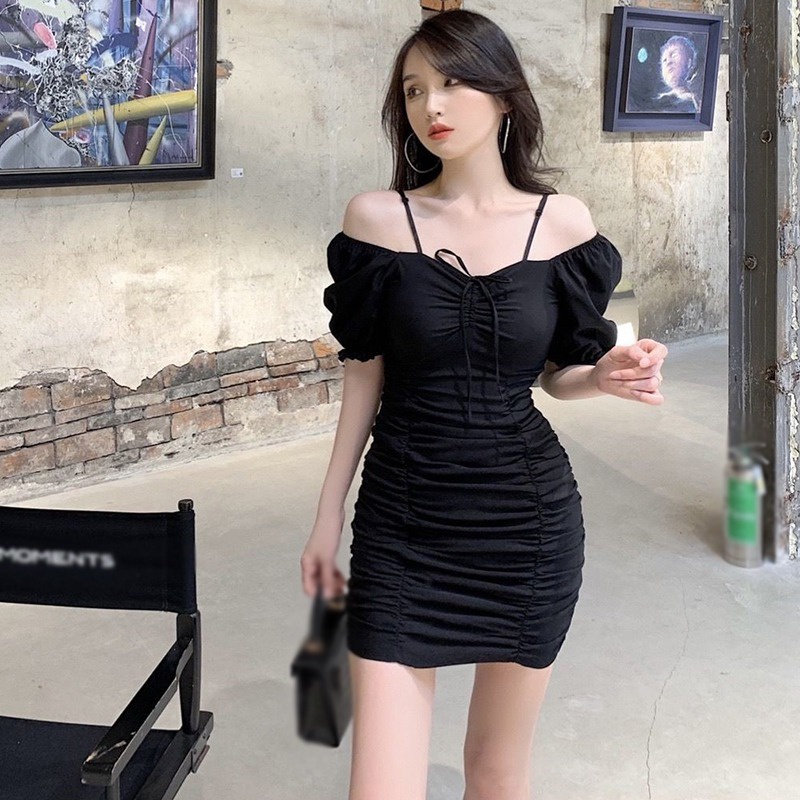 Đầm tay ngắn cổ vuông dáng ôm cột dây thời trang Hàn Quốc cho nữ