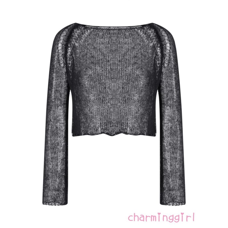 Áo Croptop Dệt Kim Tay Dài Màu Trơn Thiết Kế Khoét Lỗ Thời Trang Quyến Rũ Cho Nữ