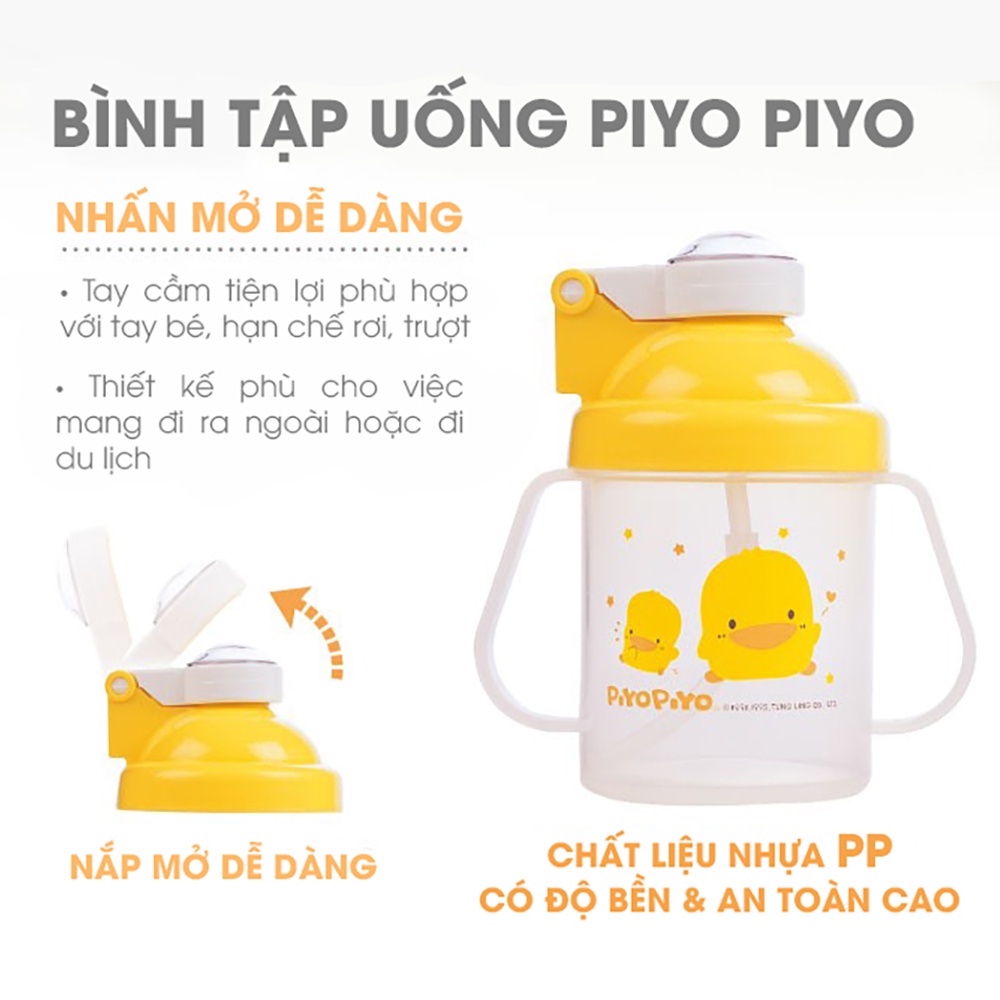 Bình tập uống 240ml Piyo Piyo nắp bật, ống hút ngăn tràn, hai tay cầm, cho bé 8 tháng tuổi trở lên