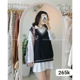 Set áo gile thêu chữ + đầm trắng cổ sơ mi
