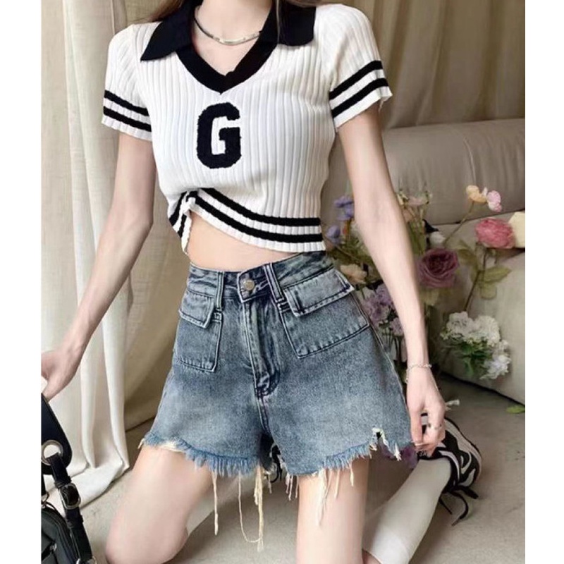 Quần Short Denim Nữ Lưng Cao Rách Gối Thời Trang
