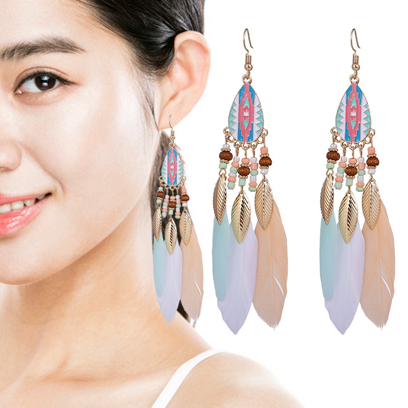 Bông Tai Dáng Dài Phối Lông Vũ Phong Cách Bohemian Thời Trang Mùa Hè Xinh Xắn Cho Nữ