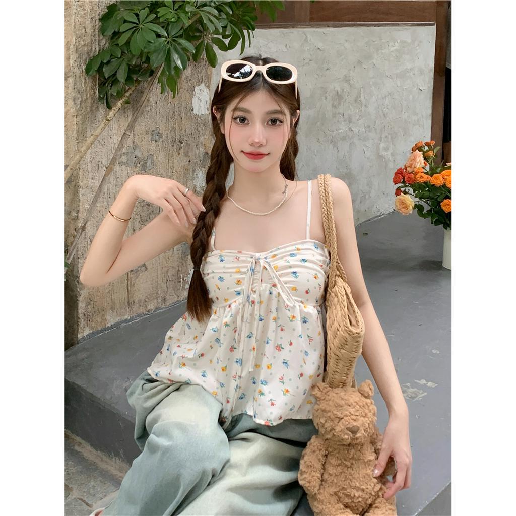Lalisas Áo Hai Dây Croptop Ngọt Ngào In Hoa / Gia Vị Pháp Cho Nữ