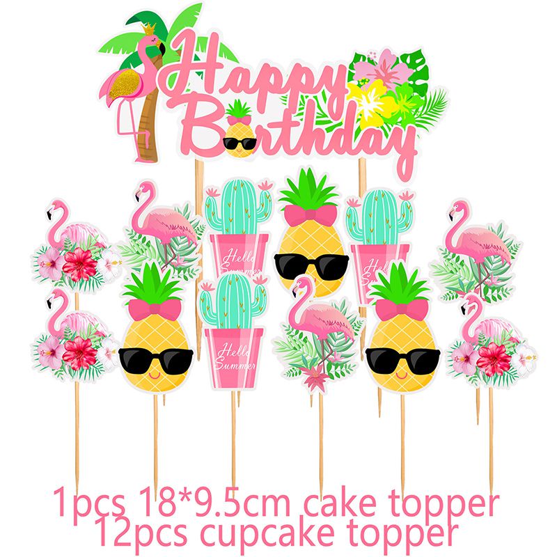Hawaiian Theme Birthday Party Decoration  Flamingo Cactus Pineapple Coconut Banner Cake Balloon