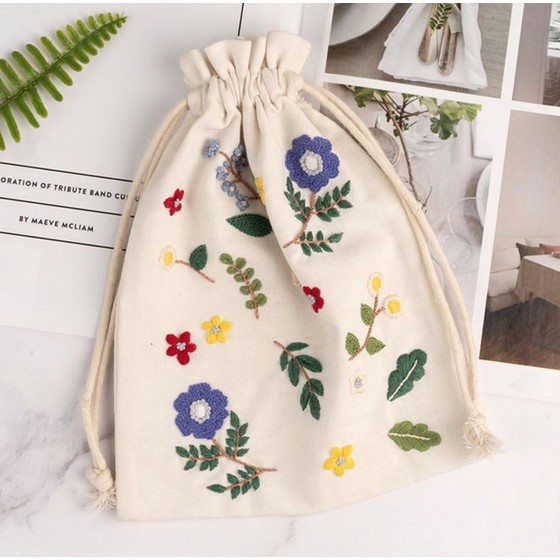 Bộ kit nguyên liệu túi thêu dây rút / Tote hoa lá vintage tự thêu đầy đủ handmade decor nhà cửa MIE Handmade