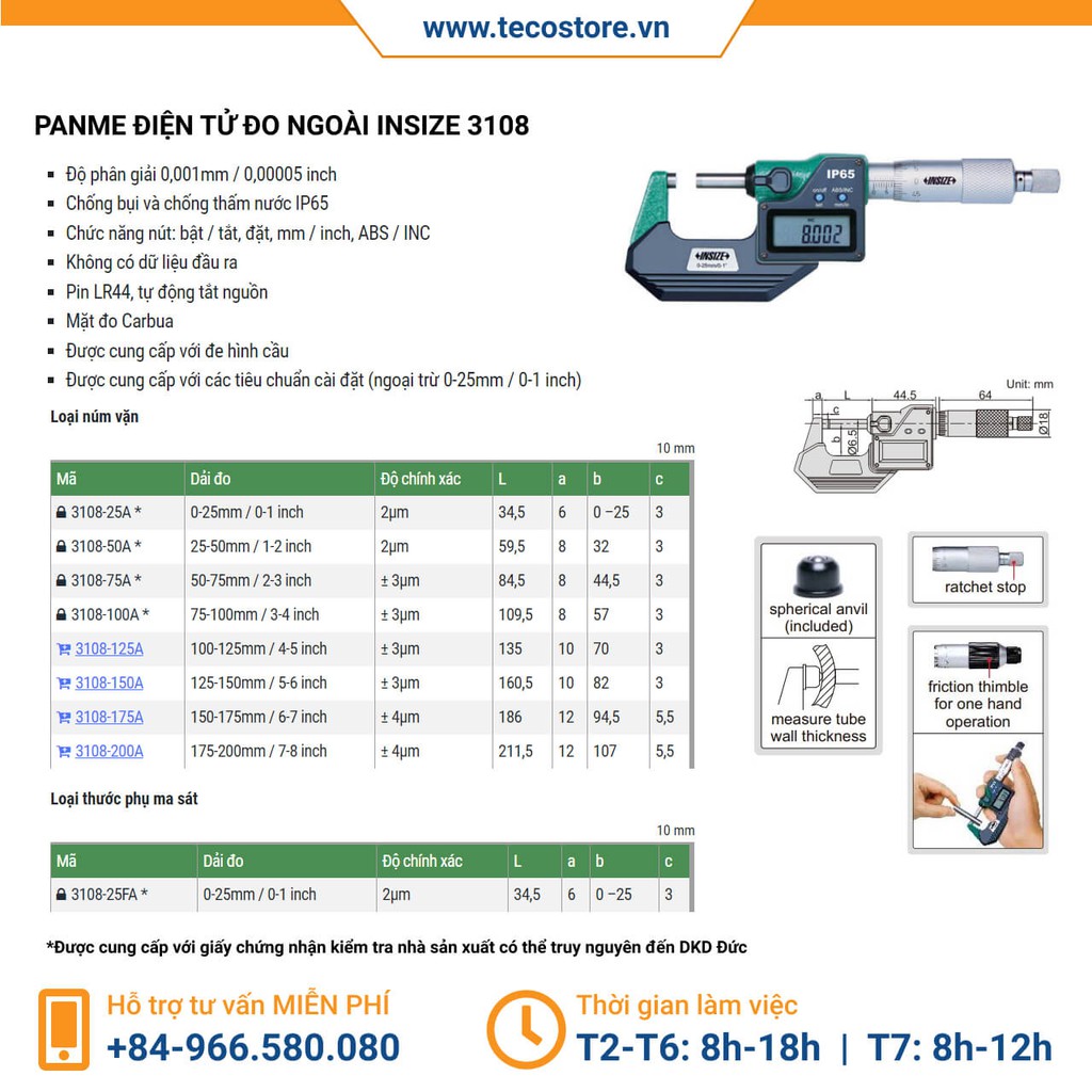Panme đo ngoài điện tử 25,50,75,100mm Insize 3108 chống nước, micrometer 25mm,50mm,75mm