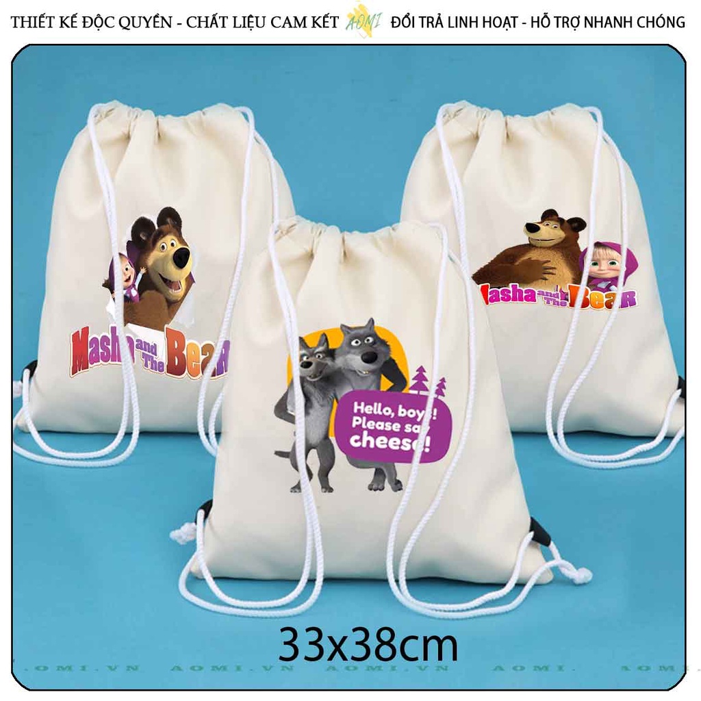BALO MINI masha and bear AOMIVN DÂY RÚT ĐEO VAI 33x38cm NHỎ XINH UNISEX CHẤT CANVAS CUTE TIỆN ÍCH DU LỊCH DẠO PHỐ