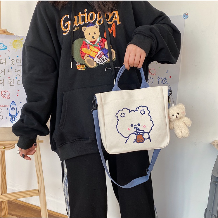 Túi tote vải canvas nữ đeo vai mini họa tiết gấu thỏ cute thời trang Ulzzang Hàn Quốc