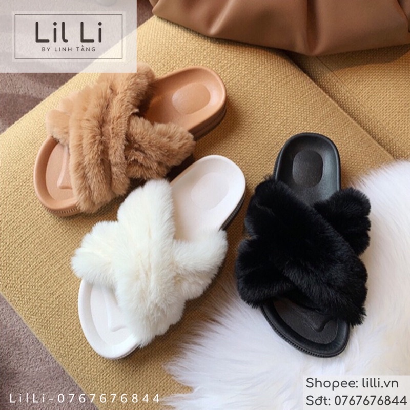 Dép lông quai ngang quai chéo lông xù bản to cao cấp mang trong nhà, văn phòng, đi chơi