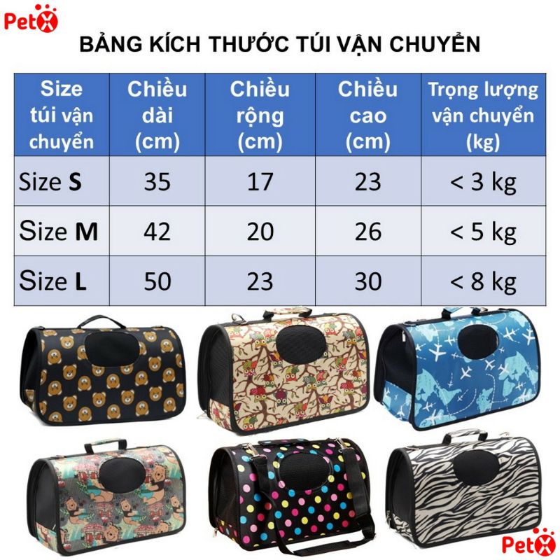 Túi vận chuyển thú cưng họa tiết 3 size