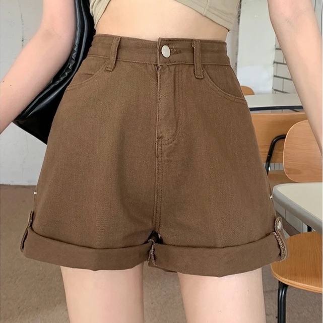 Quần Short Denim Lưng Cao Màu Nâu Plus Size Phong Cách Hàn Quốc Thời Trang Mùa Hè Cho Nữ