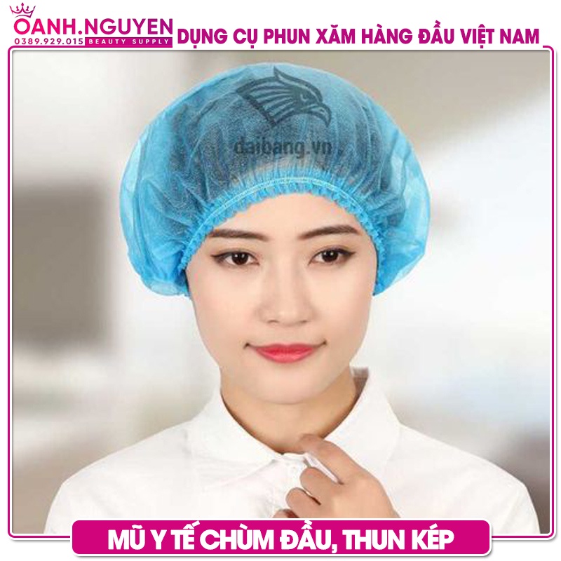 Mũ y tế chùm đầu, thun kép, xanh dương loại đẹp (100 chiếc/bịch)