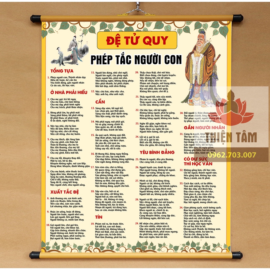 Tranh chữ Đệ Tử Quy - Phép Tắc Người Con khổ lớn 70x85cm treo tường bằng vải phủ bóng cao cấp, dày dặn