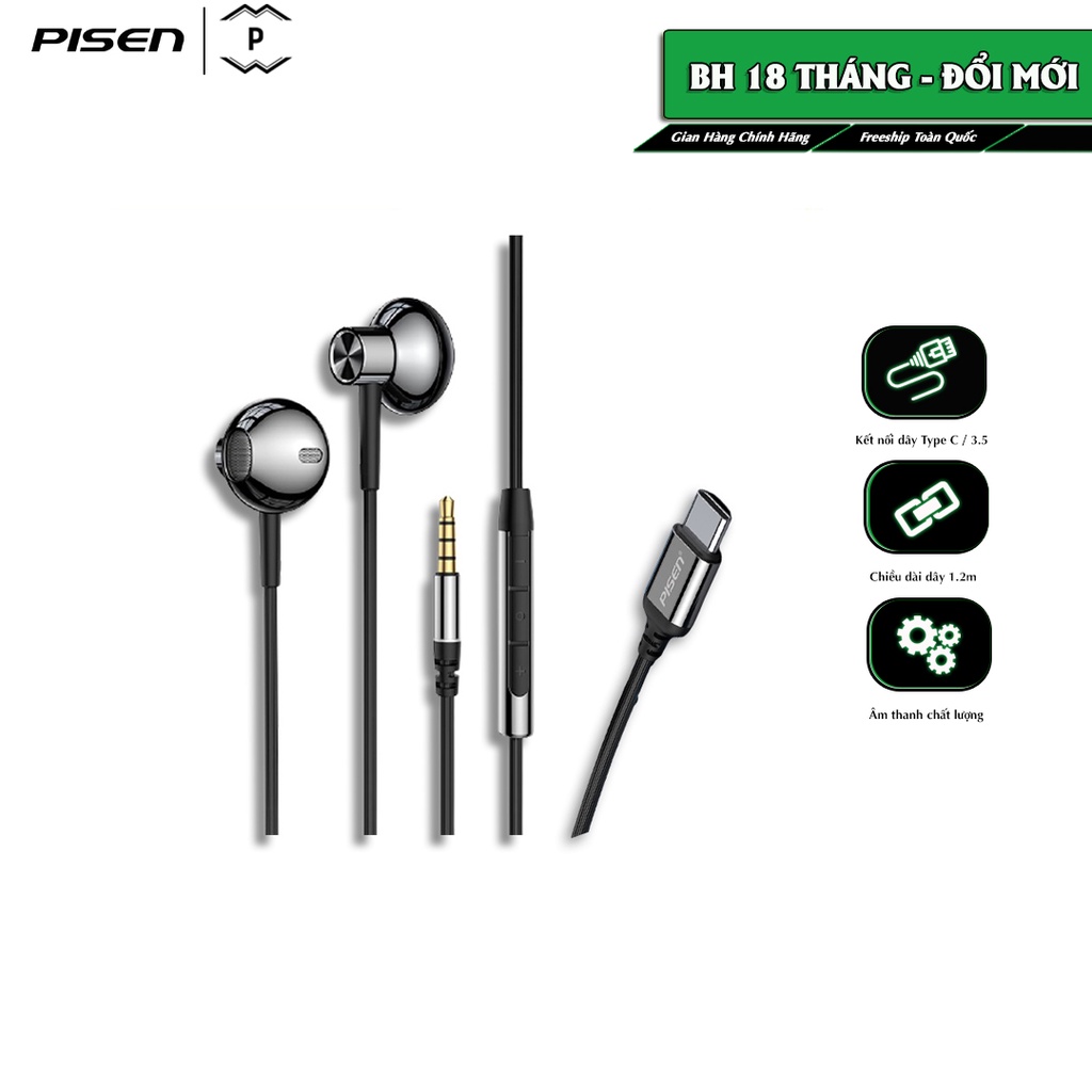 Tai nghe PISEN Metalic Semi-In-Ear 3.5mm / Type-C - Hàng chính hãng