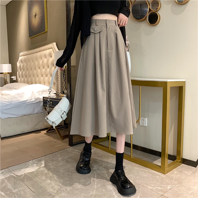 SUXI Chân Váy Chữ A Lưng Cao Màu Trơn Thời Trang Hàn Quốc Cho Nữ