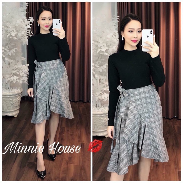 Set chân váy caro bèo+ áo thun đen