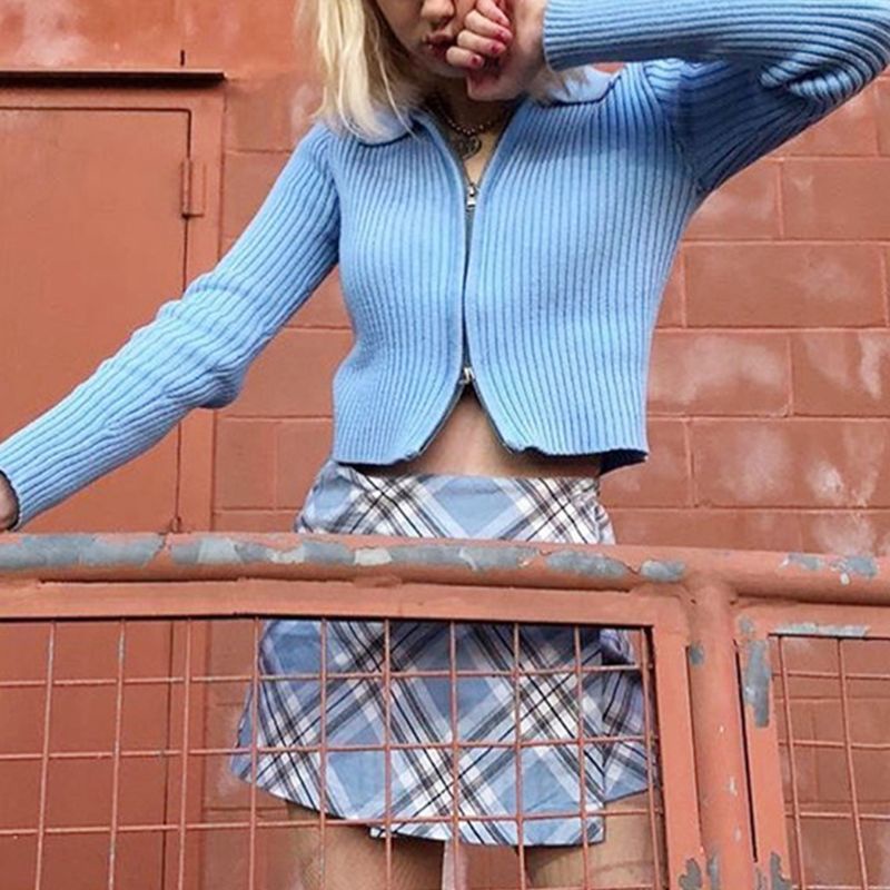 Áo Khoác Croptop Dệt Kim Tay Dài Hai Mặt Màu Sắc Thời Trang Mùa Thu Quyến Rũ Cho Nữ