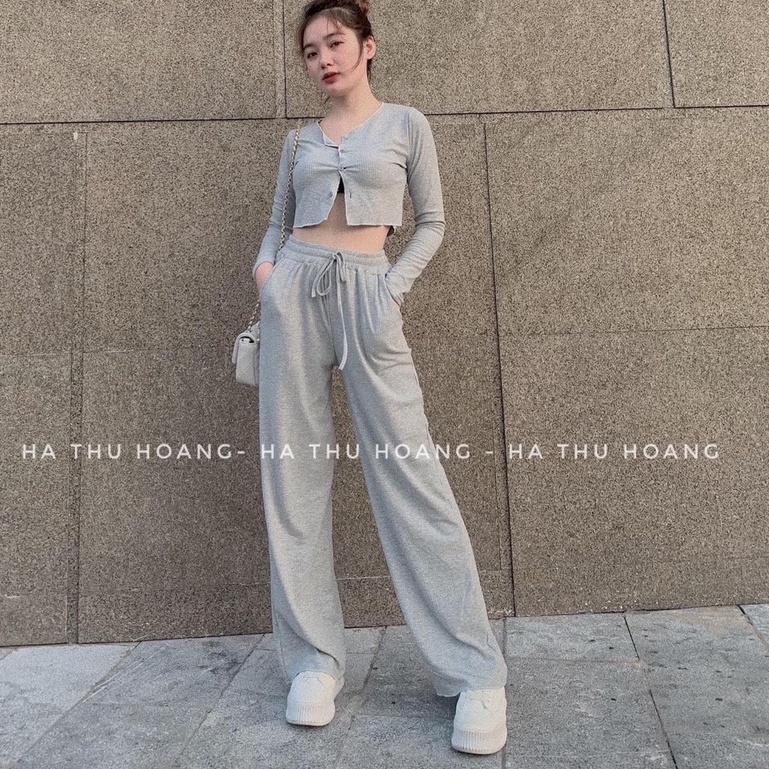 Set bộ croptop nữ thun gân mix quần ống rộng nữ cổ V đồ bộ nữ thể thao