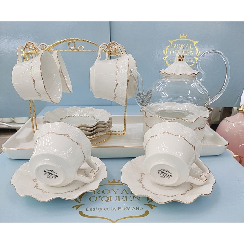 BỘ BÌNH TRÀ  KÈM KHAY VÀ LÓT TÁCH KÈM BẾP CHÂM TRÀ VIỀN VÀNG