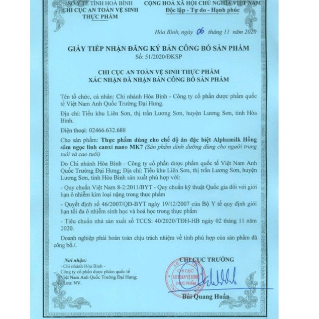 Sữa bột dinh dưỡng  Alphamilk HỒNG SÂM NỌC LINH CANXI NANO MK7