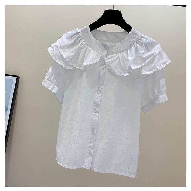 Áo Voan Tay Ngắn Cổ Tròn Màu Trơn Phối Bèo Phong Cách Pháp