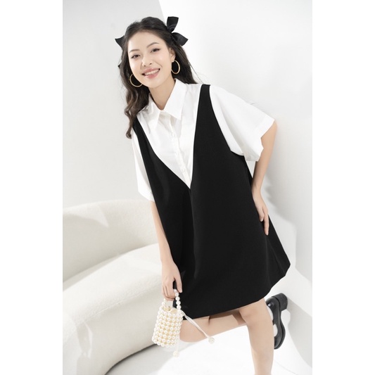 Váy Suông Phối Màu Đen Trắng Dáng Rộng Phong Cách Năng Động Trẻ Trung