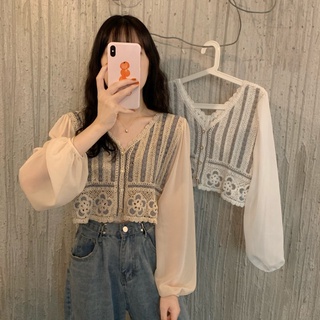 Phụ nữ Hàn Quốc Retro Móc Thiết kế rỗng Khâu áo sơ mi ren dài tay