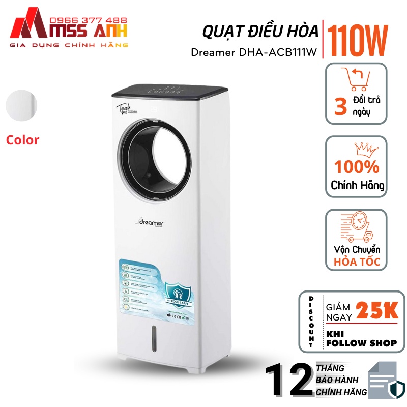 Quạt điều hòa hơi nước không cánh Dreamer DHA-ACB111W, Hàng chính hãng, Bảo hành 12 tháng